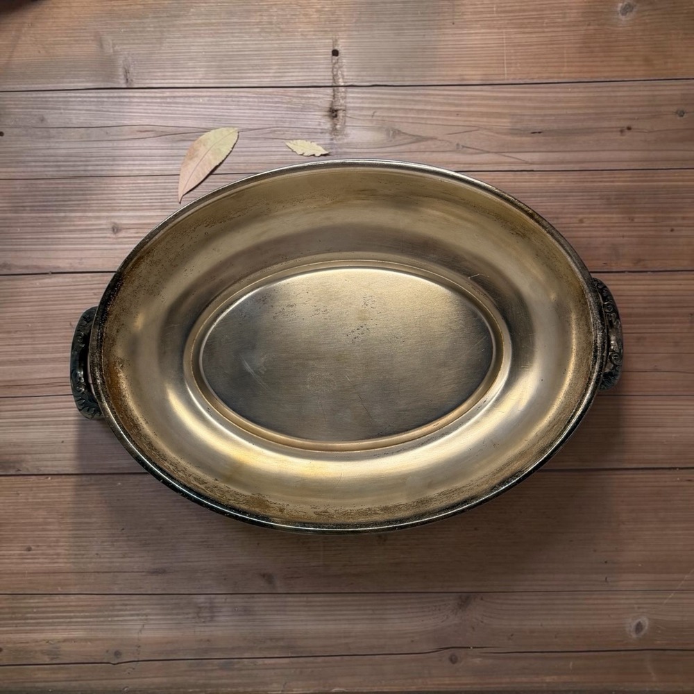 Vintage Silverplate Oval Serving Bowl w/ Scroll Handles Unmarked Tarnished